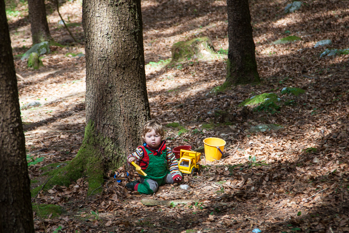 Kinder können in geringem Abstand vom Felsen in perfektem flachem Wald spielen.