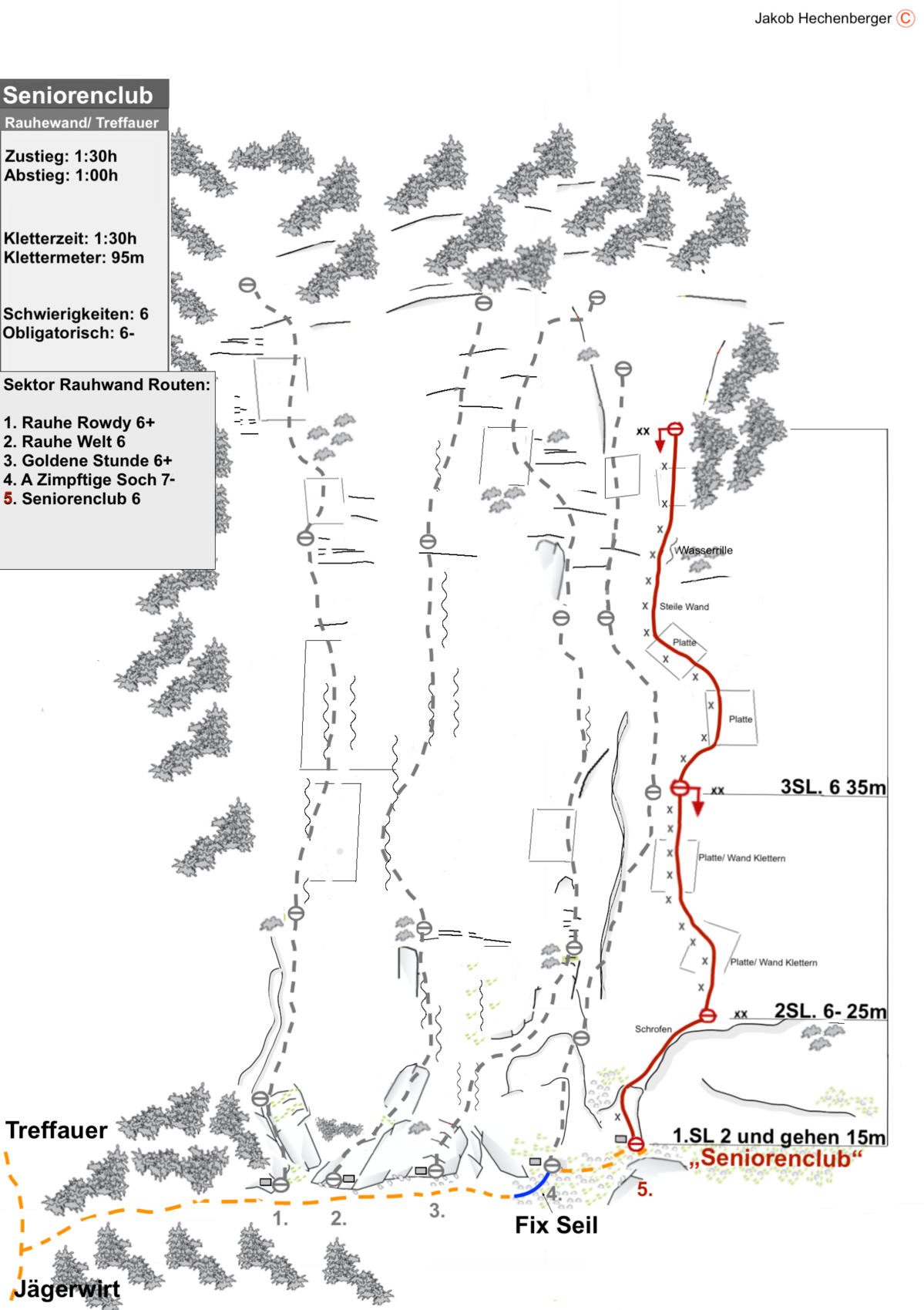 Topo der Kletterroute "Seniorenclub" am Treffauer