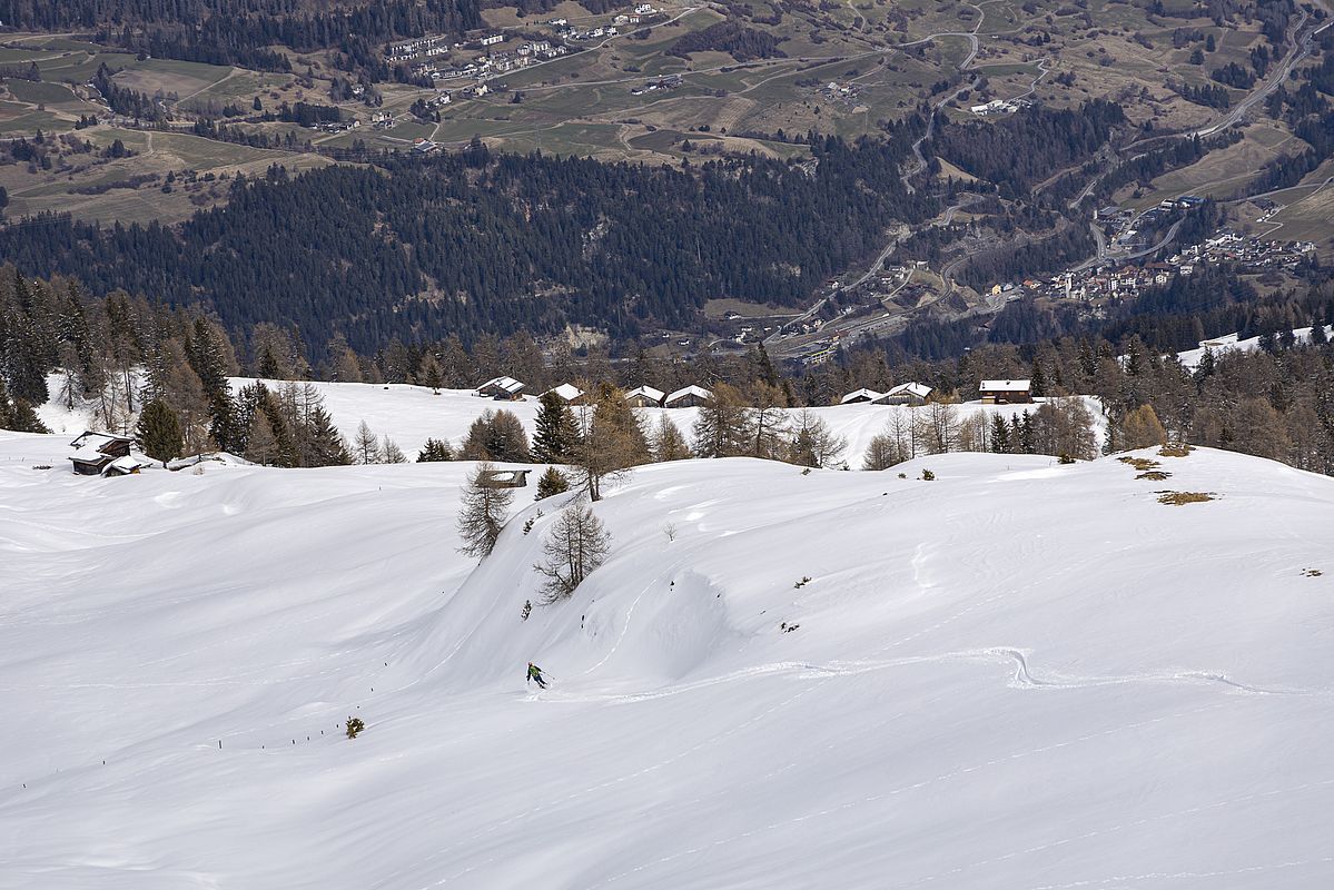 Angefeuchteter Pulverschnee dann im Mittelteil kurz vor der Waldgrenze