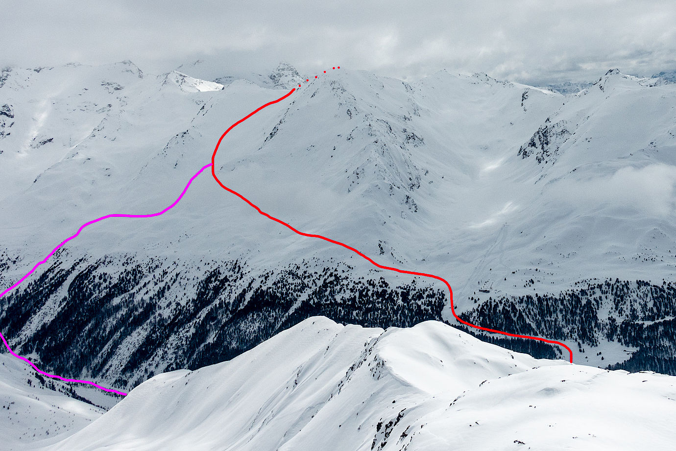 Skitouren-Routenverlauf auf die Valbenairspitze im Langtauferer Tal