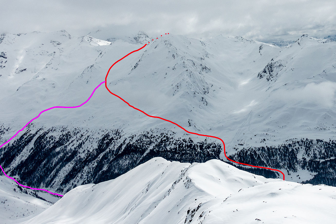Skitouren-Routenverlauf auf die Valbenairspitze Skitouren-Routenverlauf auf die Valbenairspitze im Langtauferer Tal