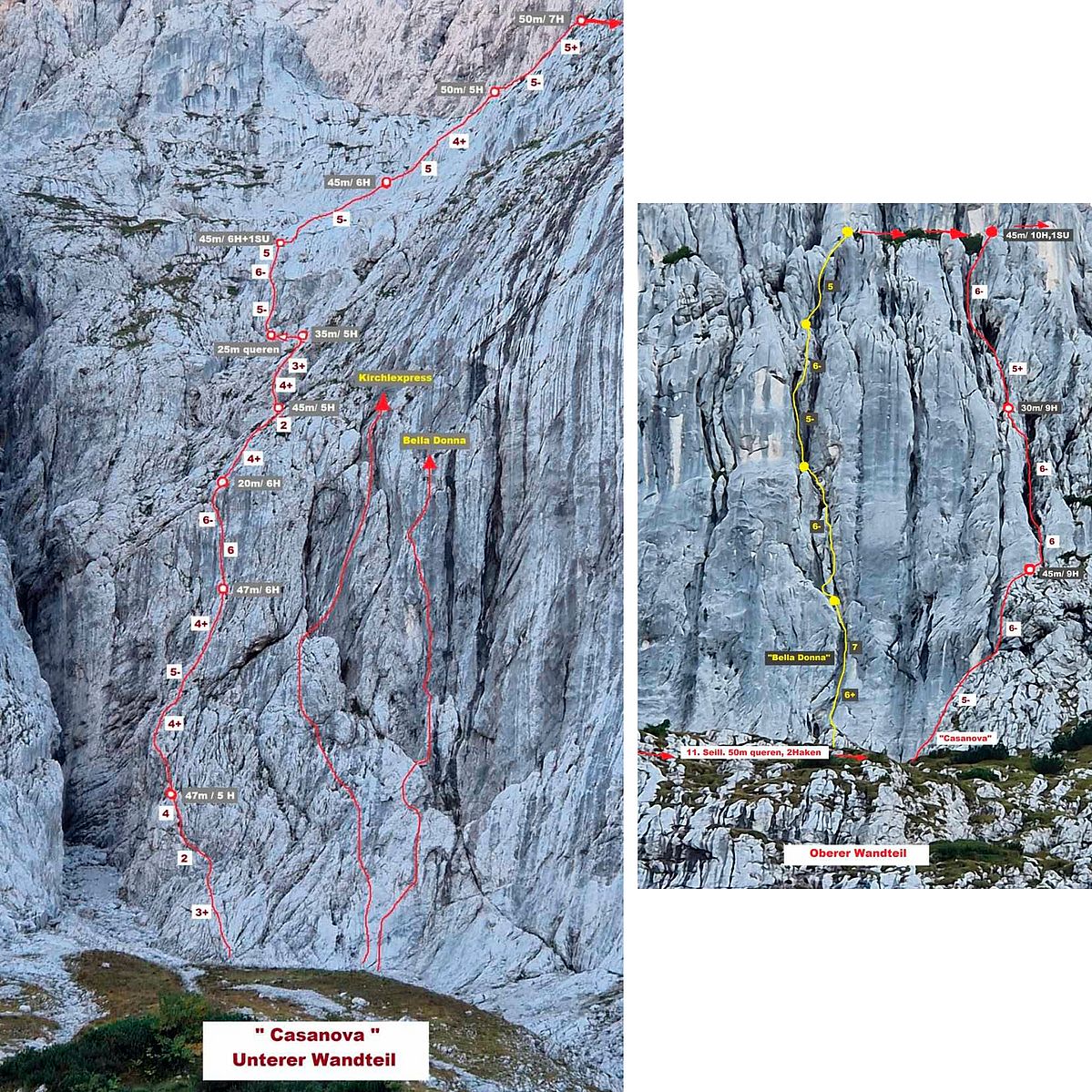 Der Routenverlauf der Kletterroute "Casanova" am Totenkirchl