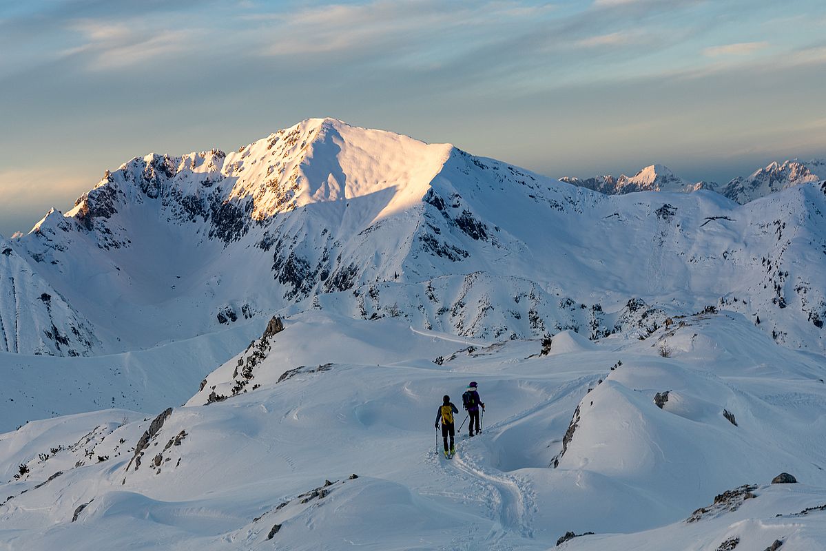 Abendlicht bei der Abfahrt vom Pleißlingkeil zur Hütte