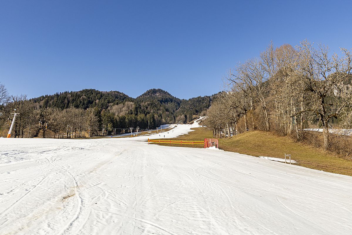 Das Kunstschneeband am sonst frühlingshaft aperen Draxlhang