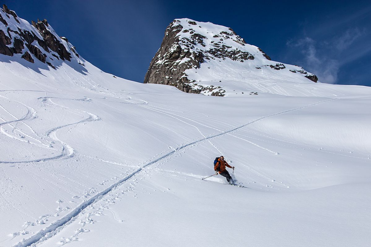Perfekte Pulverschneebedingungen an der Popbergspitze - auch bei der Abfahrt