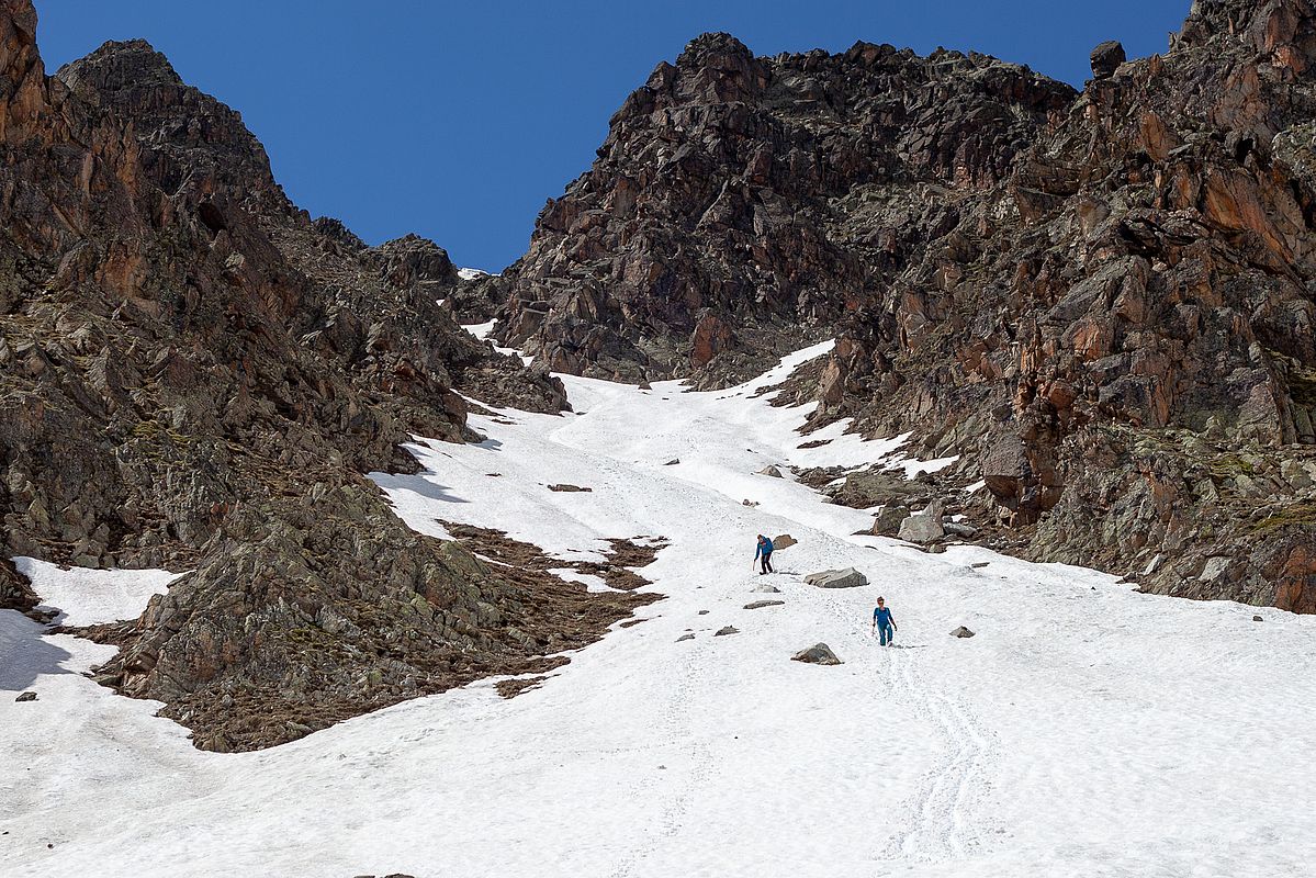 Abrutschen durch die schneegefüllte Gipfelrinne