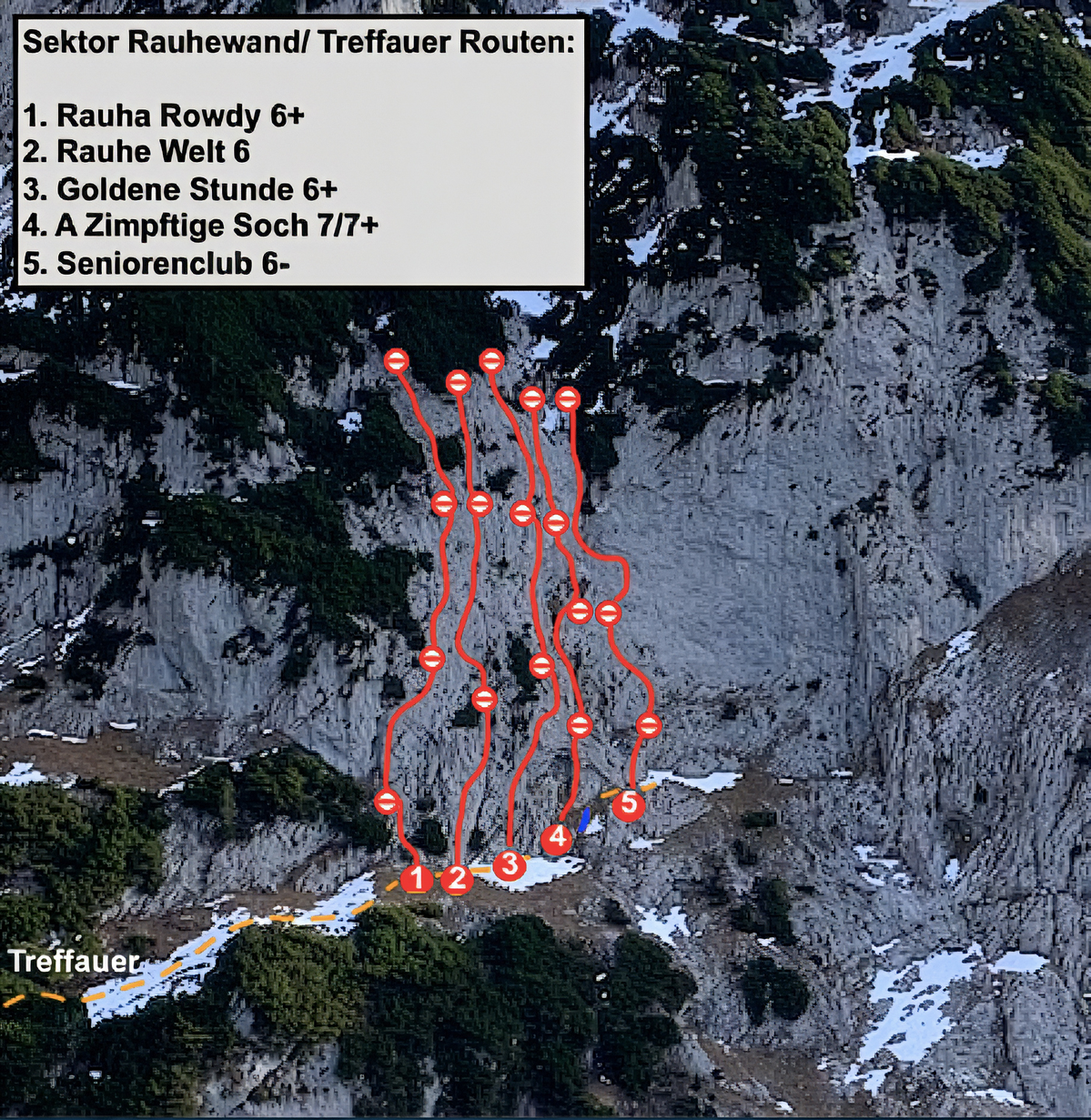 Übersicht über die Routen an der Rauen Wand