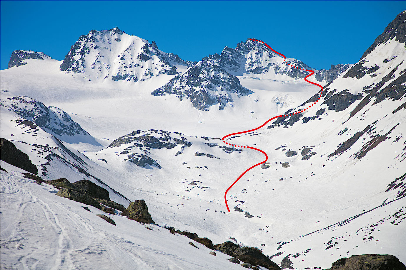 Die Aufstiegsroute zur Dreiländerspitze Die Aufstiegsroute zur Dreiländerspitze