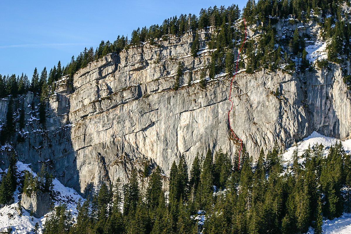 Routenverlauf der Kletterroute "O-Dannabam" am Spitzstein