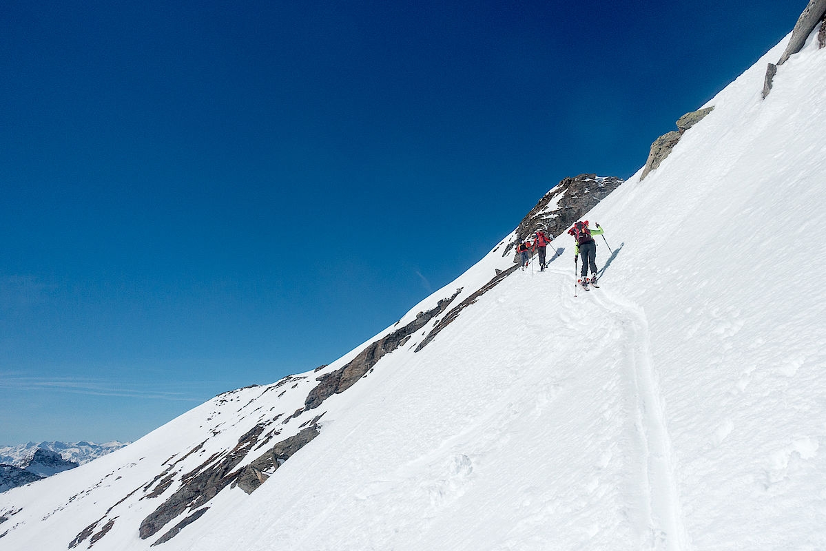 Aufstieg zum Kraxentrager aus dem Pfitschertal. Im 40 Grad steilen Gipfelhang konnte man gegen Mittag im firnigen Schnee ohne Harscheisen aufsteigen.