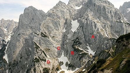 Die Sektoren im Wildanger Sektoren im Wildanger: A= Totenkirchl-Sockel, B=Wildangerwand, C=Fleischbank-Nordgratabbruch, D=Klettergarten Gamswandl