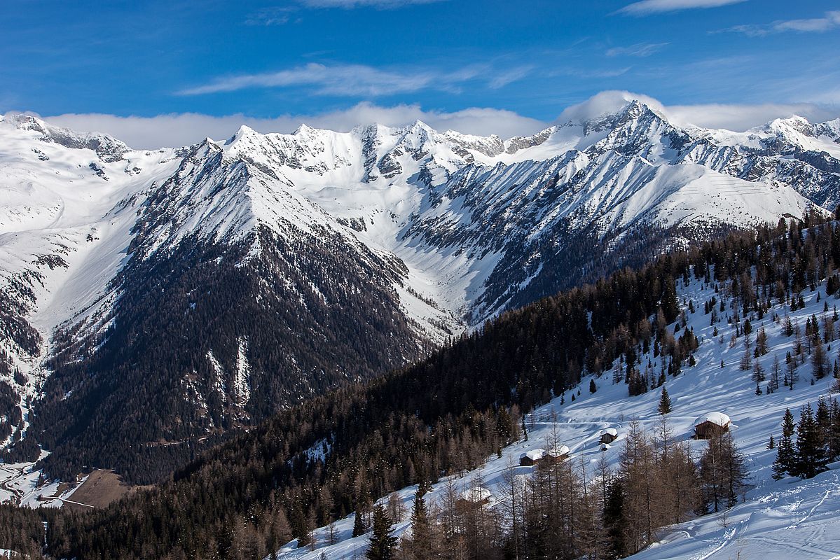 Blick über die Mitterberger Alm zu Schwarzenstein und Löffler 