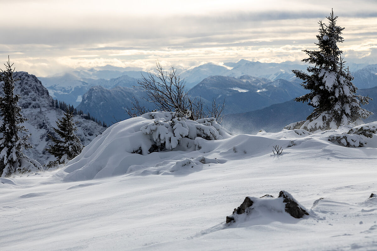 Am Nachmittag legt der Wind zu und verfrachtet am Zinnenbergplateau bereits wieder den Schnee