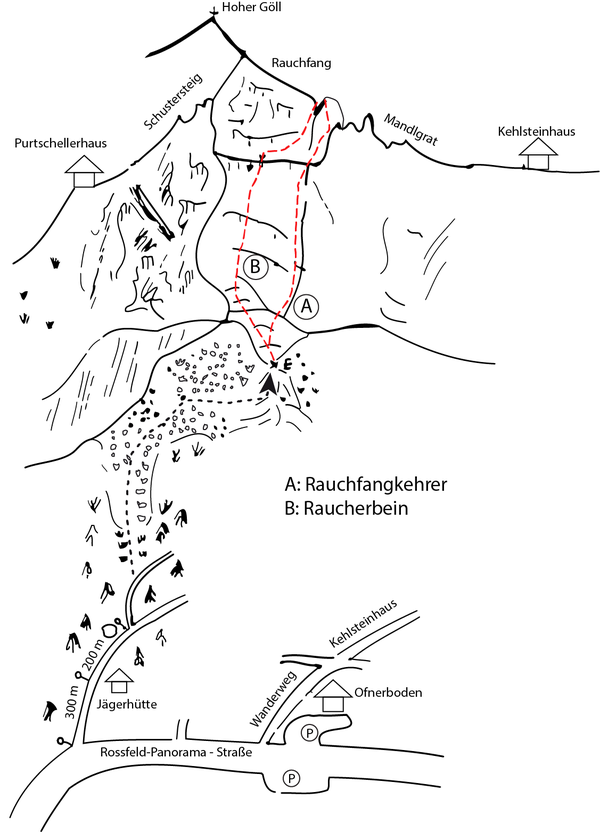 Übersicht der Kletterrouten am Rauchfang Übersicht der Kletterrouten am Rauchfang