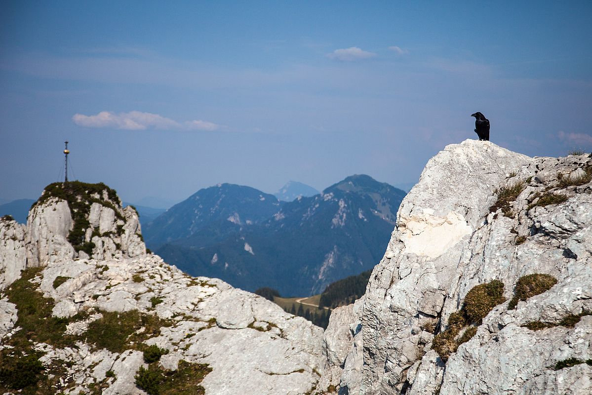Blick vom Hauptgipfel zum Ostgipfel mit Gipfelkreuz