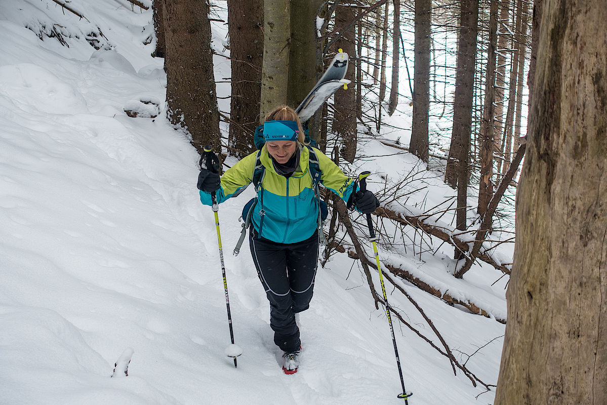 Ski tragen im kurzen Waldstück der Gassenleite oberhalb der Rosengassenalm. 