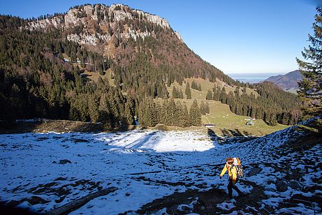 Tiefblick auf die Ellandalm - im Hintergrund der Chiemsee Tiefblick auf die Ellandalm - im Hintergrund der Chiemsee